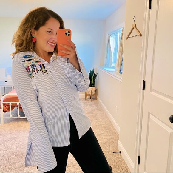 MIRA MIKATI Blue White Striped Sam Military Top 4 - Picture 1 of 14